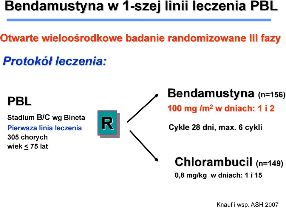 leczenia 305 chorych wiek < 75 lat R Bendamustyna (n=156) 100 mg /m 2 w dniach: 1 i