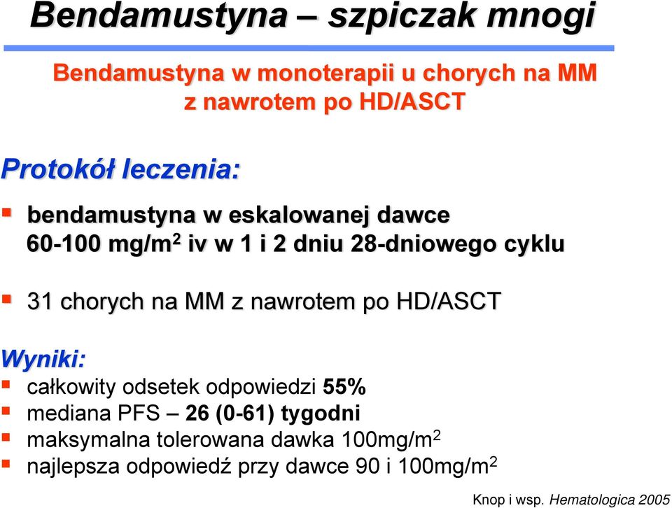 na MM z nawrotem po HD/ASCT Wyniki: całkowity odsetek odpowiedzi 55% mediana PFS 26 (0-61) tygodni