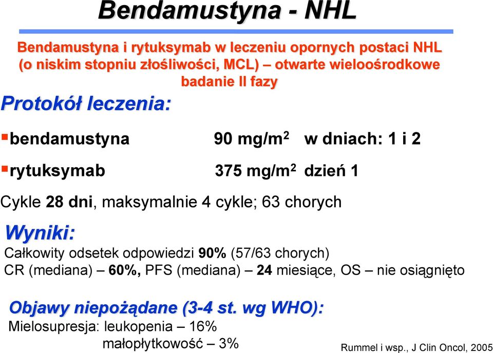 maksymalnie 4 cykle; 63 chorych Wyniki: Całkowity odsetek odpowiedzi 90% (57/63 chorych) CR (mediana) 60%, PFS (mediana) 24