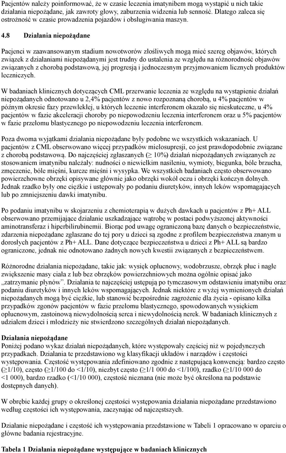 8 Działania niepożądane Pacjenci w zaawansowanym stadium nowotworów złośliwych mogą mieć szereg objawów, których związek z działaniami niepożądanymi jest trudny do ustalenia ze względu na
