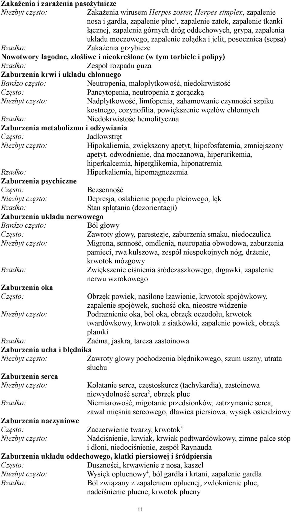 guza Zaburzenia krwi i układu chłonnego Bardzo często: Neutropenia, małopłytkowość, niedokrwistość Często: Pancytopenia, neutropenia z gorączką Nadpłytkowość, limfopenia, zahamowanie czynności szpiku