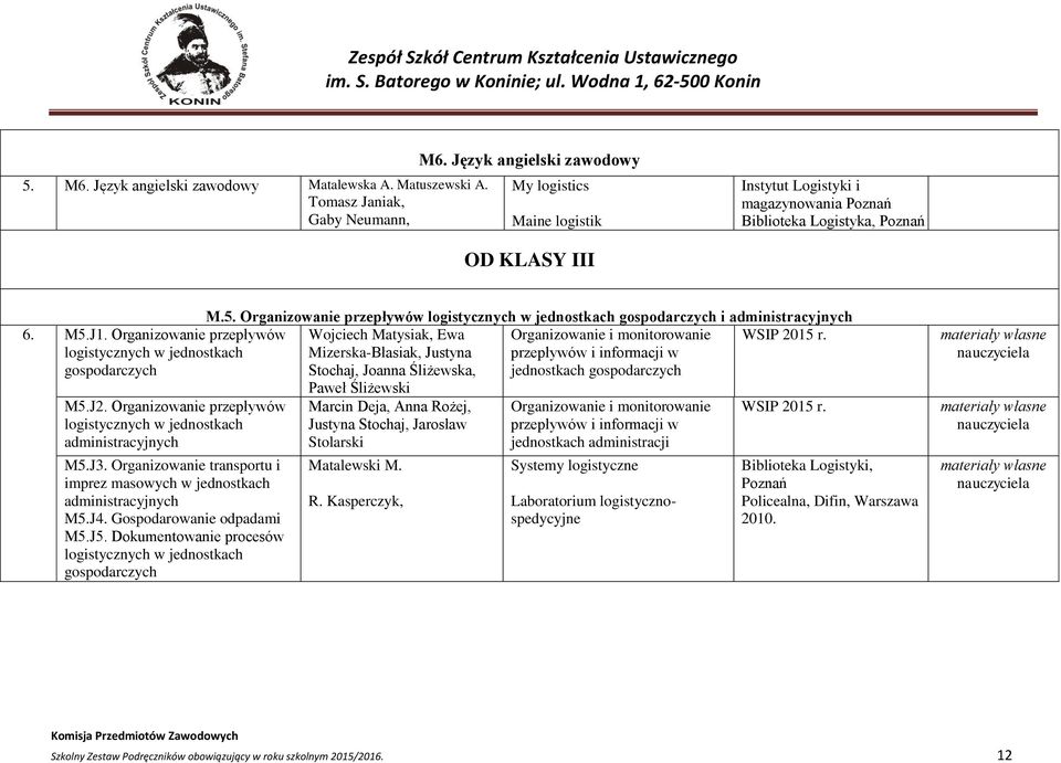 Organizowanie przepływów logistycznych w jednostkach gospodarczych M5.J2. Organizowanie przepływów logistycznych w jednostkach administracyjnych M5.J3.