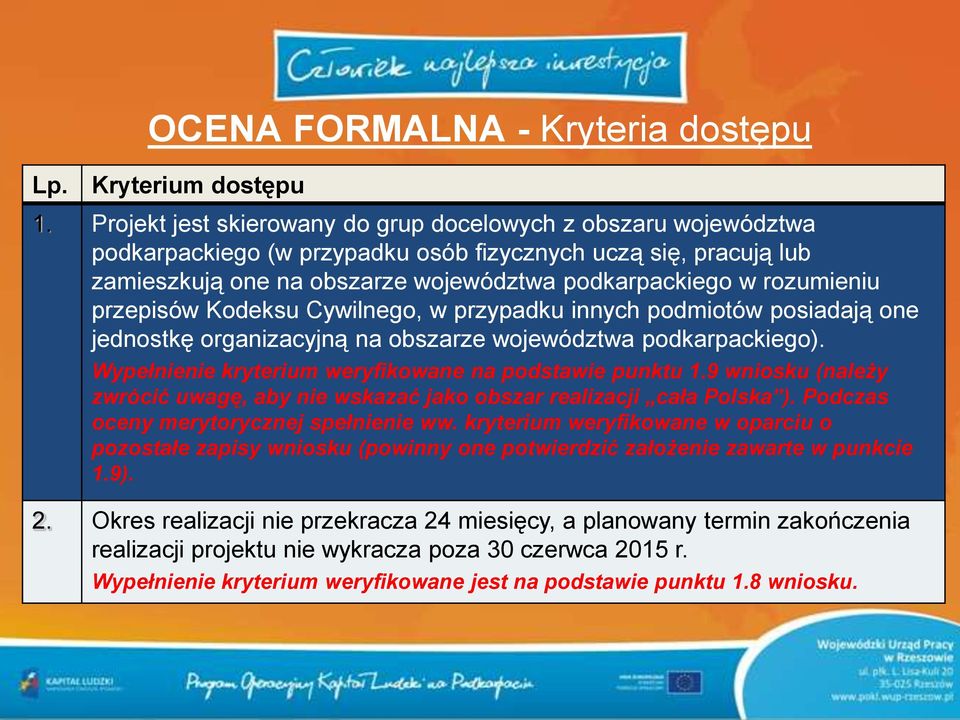 przepisów Kodeksu Cywilnego, w przypadku innych podmiotów posiadają one jednostkę organizacyjną na obszarze województwa podkarpackiego). Wypełnienie kryterium weryfikowane na podstawie punktu 1.