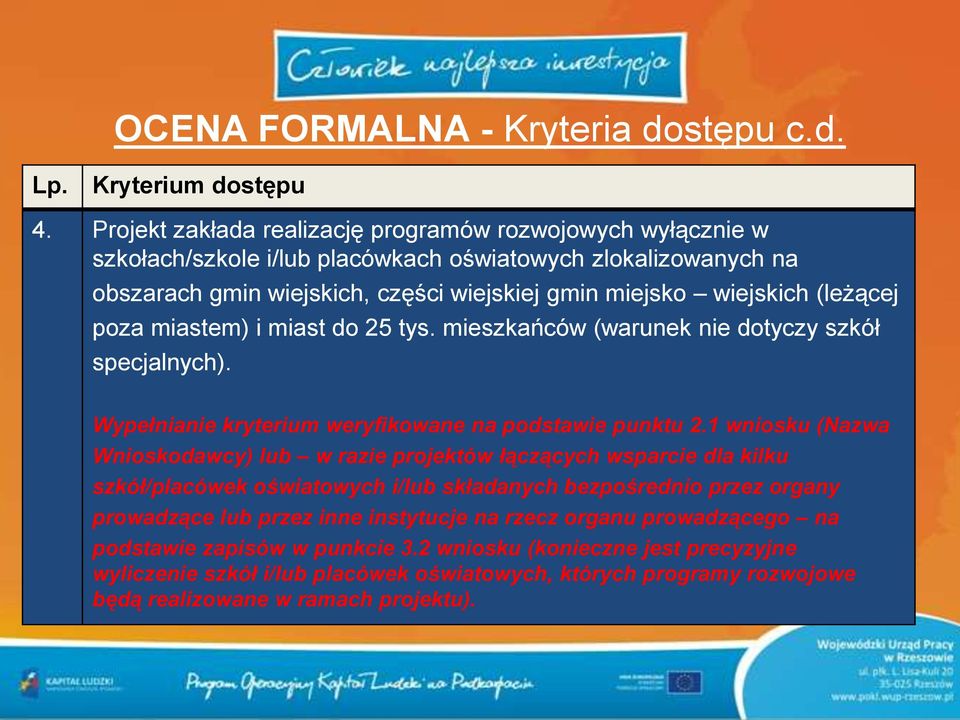 poza miastem) i miast do 25 tys. mieszkańców (warunek nie dotyczy szkół specjalnych). Wypełnianie kryterium weryfikowane na podstawie punktu 2.