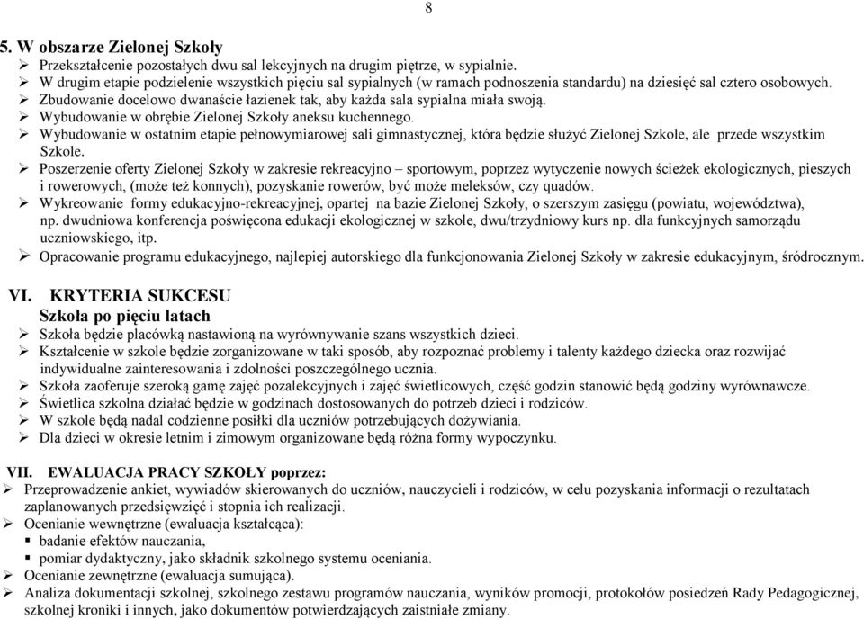 Zbudowanie docelowo dwanaście łazienek tak, aby każda sala sypialna miała swoją. Wybudowanie w obrębie Zielonej Szkoły aneksu kuchennego.