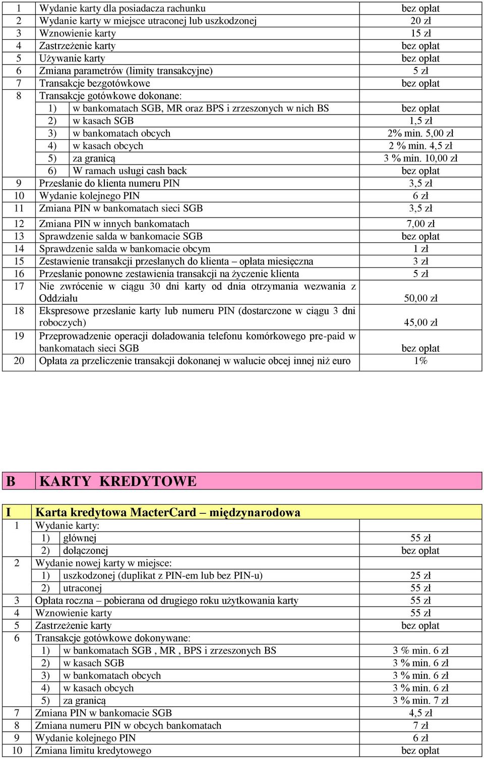 10,00 zł 6) W ramach usługi cash back 9 Przesłanie do klienta numeru PIN 3,5 zł 11 Zmiana PIN w 3,5 zł 12 Zmiana PIN w innych bankomatach 7,00 zł 13 Sprawdzenie salda w bankomacie SGB 15 Zestawienie