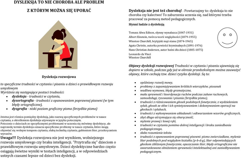 Słynni ludzie z dysleksją Tomasz Alwa Edison, słynny wynalazca (1847-1931) Albert Einstein, twórca teorii względności (1879-1955) Winston Churchill, brytyjski mąż stanu (1874-1965) Agata Christie,