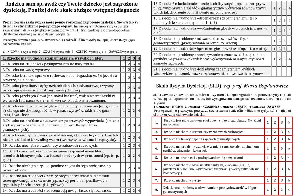 Ostateczną diagnozę musi postawić specjalista. Przeczytaj uważnie poniższe stwierdzenia i zakreśl kółkiem cyfry najlepiej charakteryzujące zachowanie dziecka.