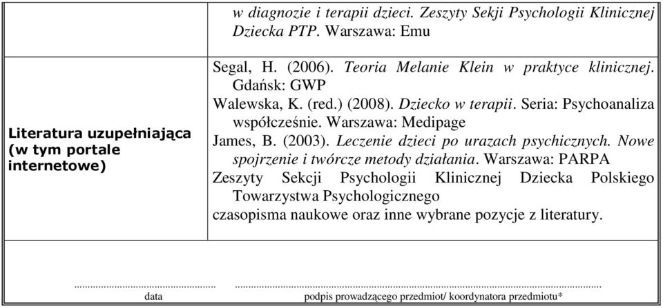 Warszawa: Medipage James, B. (2003). Leczenie dzieci po urazach psychicznych. Nowe spojrzenie i twórcze metody działania.