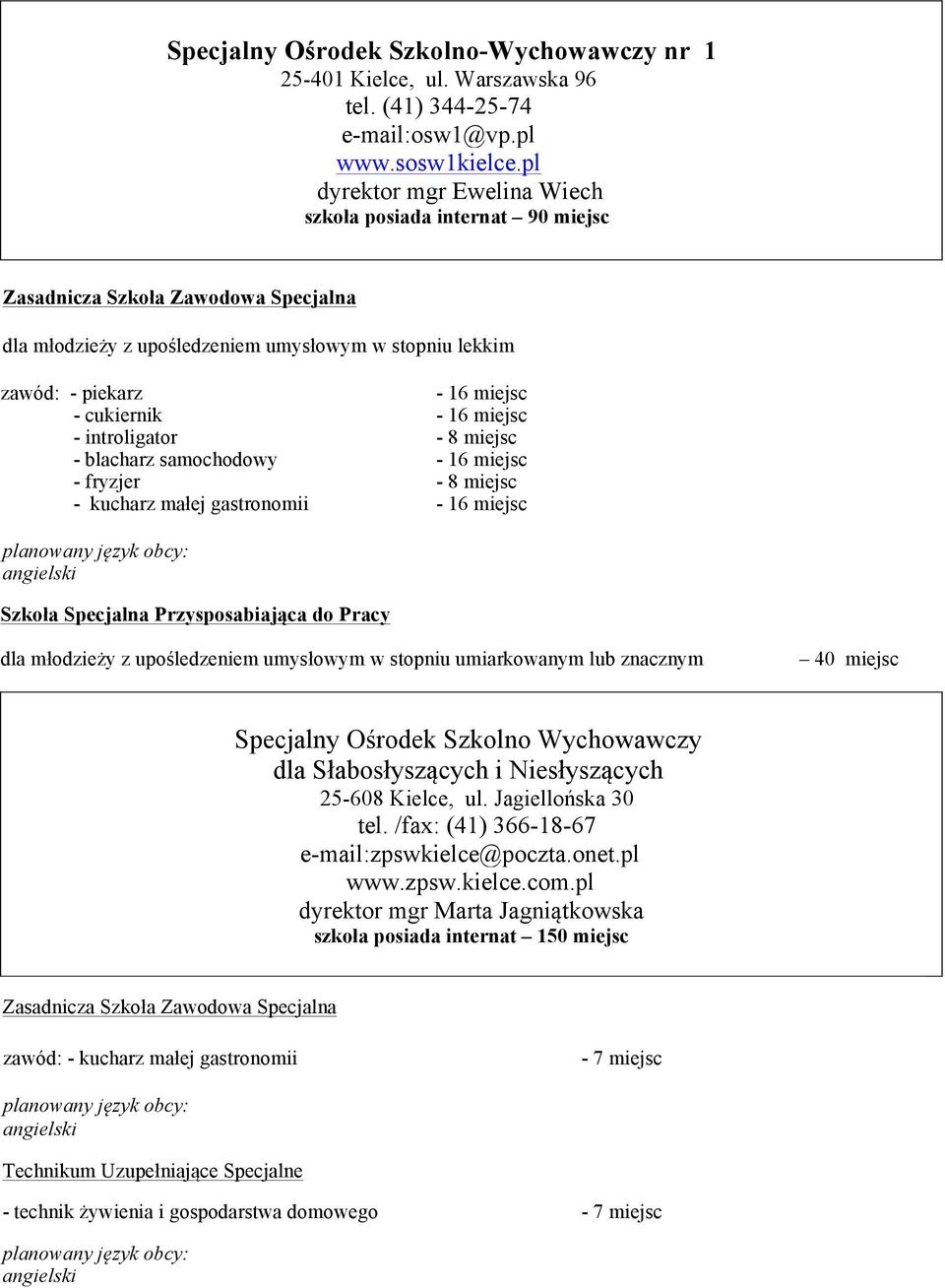 samochodowy - 16 miejsc - fryzjer - kucharz małej gastronomii - 16 miejsc dla młodzieży z upośledzeniem umysłowym w stopniu umiarkowanym lub znacznym 40 miejsc Specjalny Ośrodek Szkolno Wychowawczy