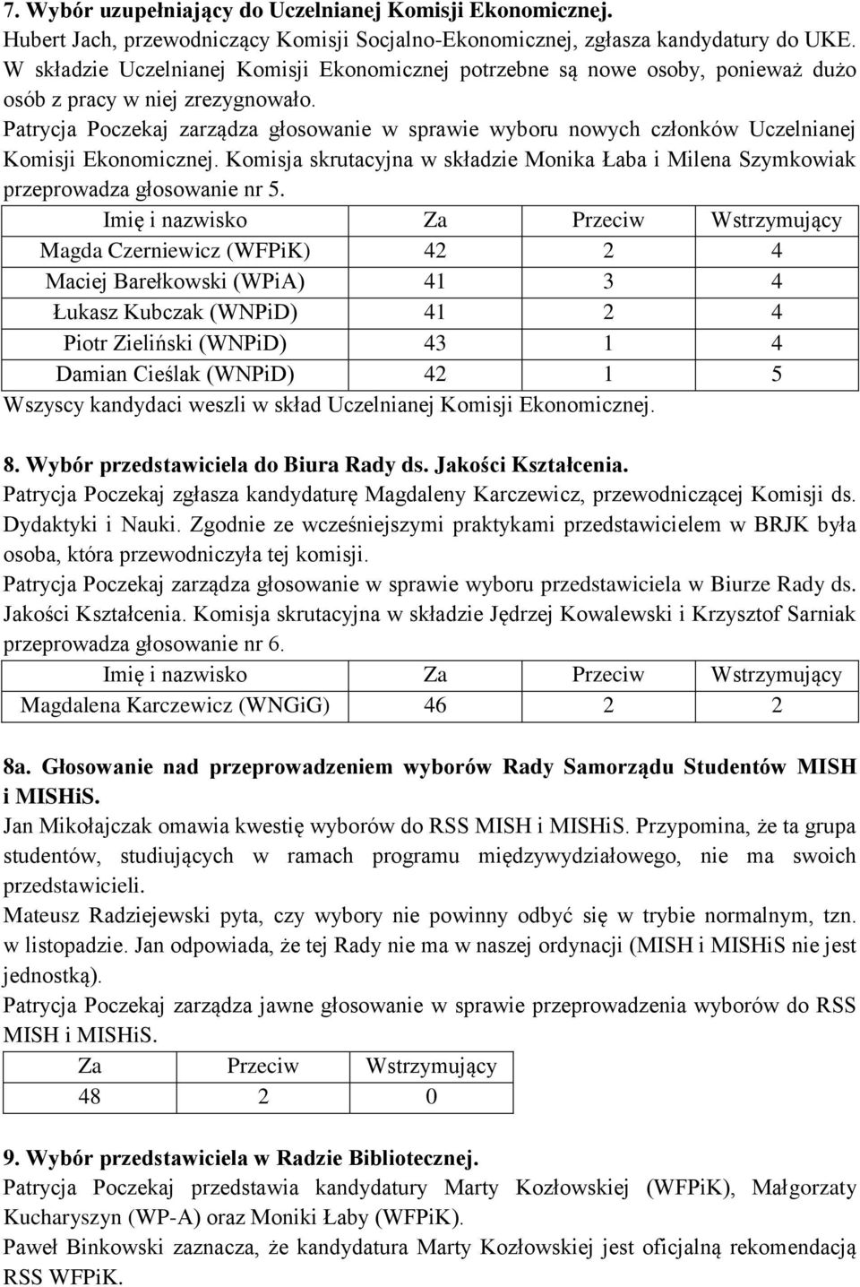 Patrycja Poczekaj zarządza głosowanie w sprawie wyboru nowych członków Uczelnianej Komisji Ekonomicznej. Komisja skrutacyjna w składzie Monika Łaba i Milena Szymkowiak przeprowadza głosowanie nr 5.