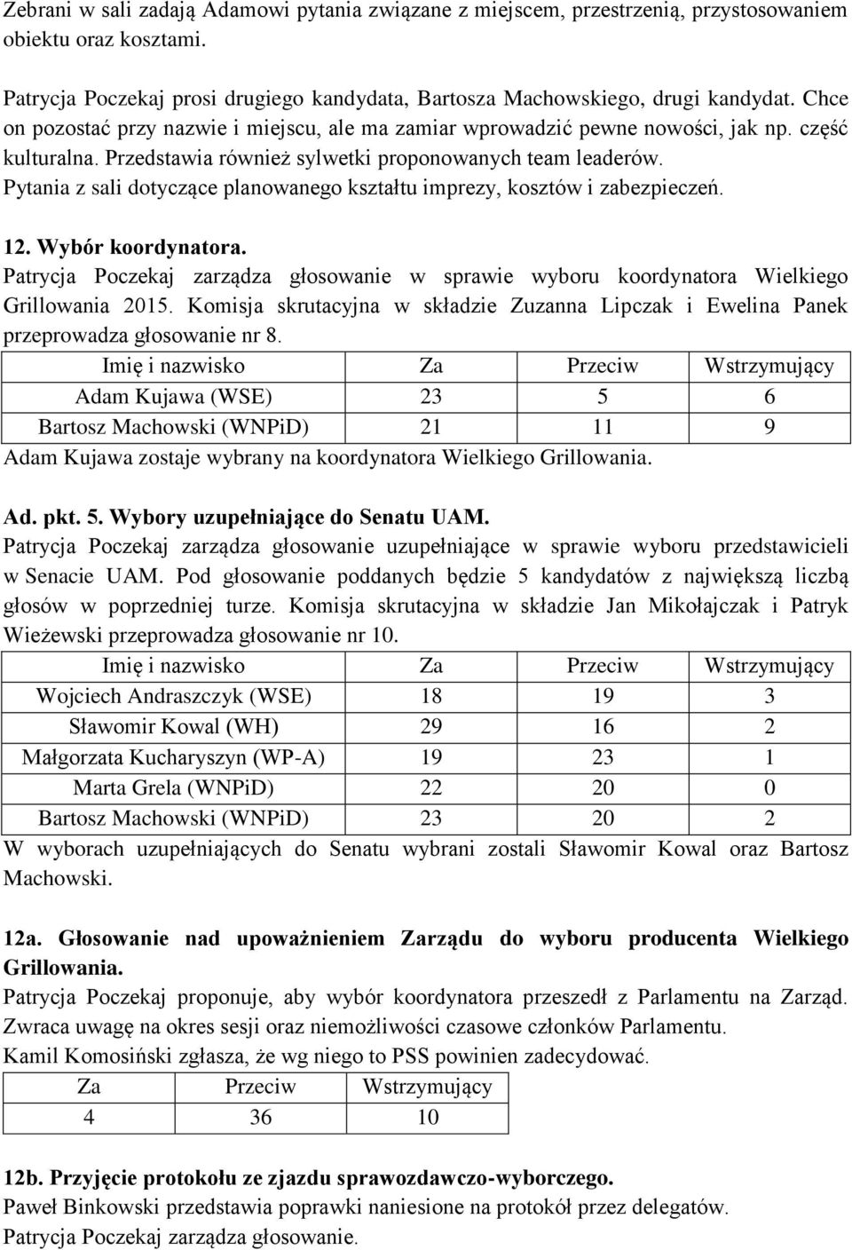 Pytania z sali dotyczące planowanego kształtu imprezy, kosztów i zabezpieczeń. 12. Wybór koordynatora. Patrycja Poczekaj zarządza głosowanie w sprawie wyboru koordynatora Wielkiego Grillowania 2015.