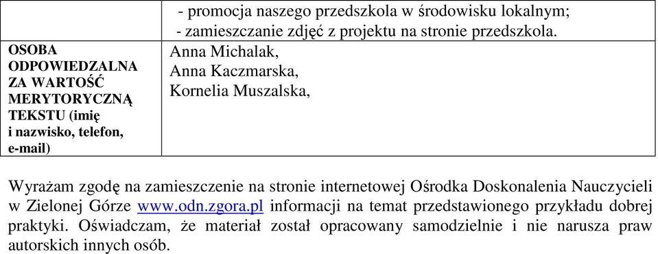 Anna Michalak, Anna Kaczmarska, Kornelia Muszalska, Wyrażam zgodę na zamieszczenie na stronie internetowej Ośrodka Doskonalenia