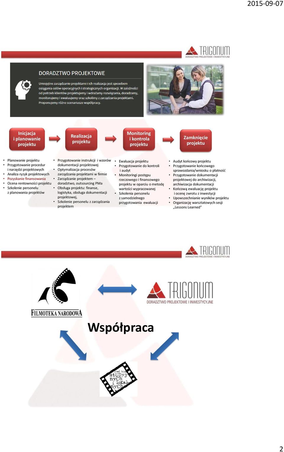 doradztwo, outsourcing PMa Szkolenie personelu z planowania projektów Obsługa projektu: finanse, logistyka, obsługa dokumentacji projektowej, Szkolenie personelu z zarządzania projektem Ewaluacja