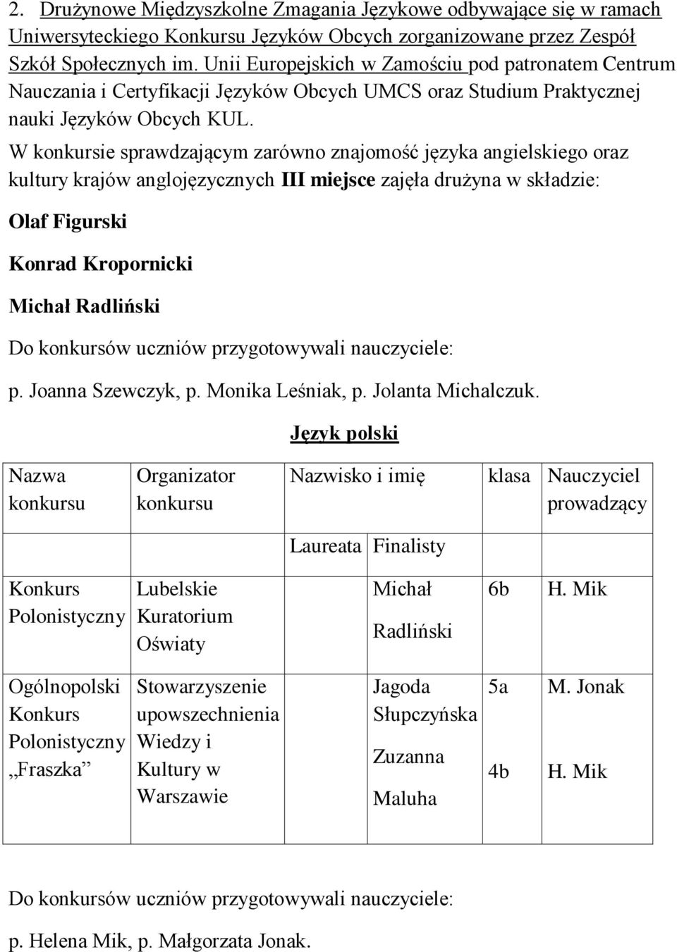 W konkursie sprawdzającym zarówno znajomość języka angielskiego oraz kultury krajów anglojęzycznych III miejsce zajęła drużyna w składzie: Olaf Figurski Konrad Kropornicki Michał Radliński Do