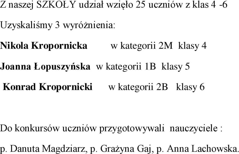 kategorii 1B klasy 5 Konrad Kropornicki w kategorii 2B klasy 6 Do konkursów