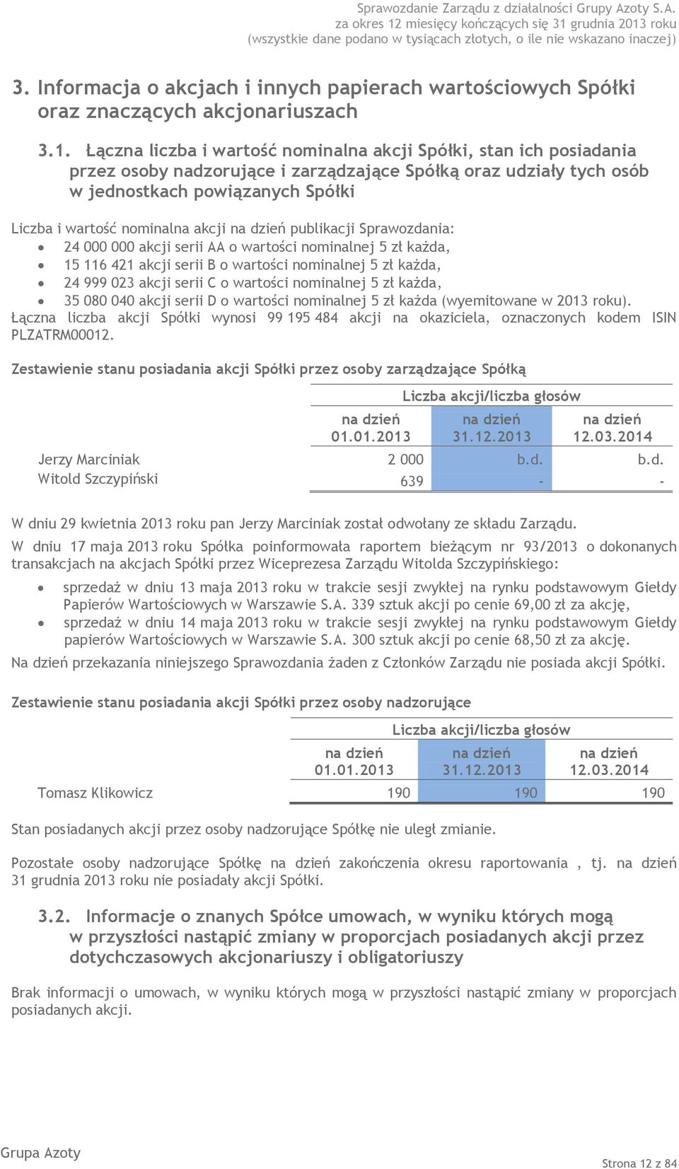 akcji na dzień publikacji Sprawozdania: 24 000 000 akcji serii AA o wartości nominalnej 5 zł każda, 15 116 421 akcji serii B o wartości nominalnej 5 zł każda, 24 999 023 akcji serii C o wartości