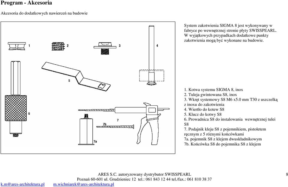 Wkręt systemowy S8 M6 x5.0 mm T30 z uszczelką z inoxu do zakotwienia 4. Wiertło do kotew S8 5. Klucz do kotwy S8 6.