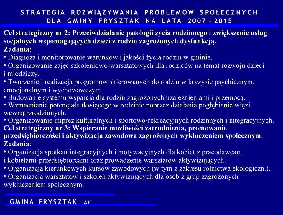 Tworzenie i realizacja programów skierowanych do rodzin w kryzysie psychicznym, emocjonalnym i wychowawczym Budowanie systemu wsparcia dla rodzin zagrożonych uzależnieniami i przemocą.