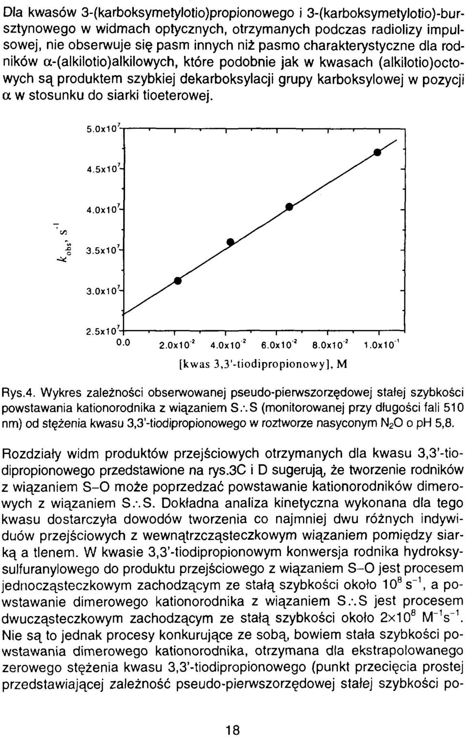 tioeterowej. 5.0x10 4.5x10-4.0x10-3.5x10-3.0x10-2.5x10 7-2.0x10 '* 4.0x10 2 6.0x10* 8.0x10 z 1.0x10' [kwas 3,3'-tiodipropionowy], M Rys.4. Wykres zależności obserwowanej pseudo-pierwszorzędowej stałej szybkości powstawania kationorodnika z wiązaniem S.