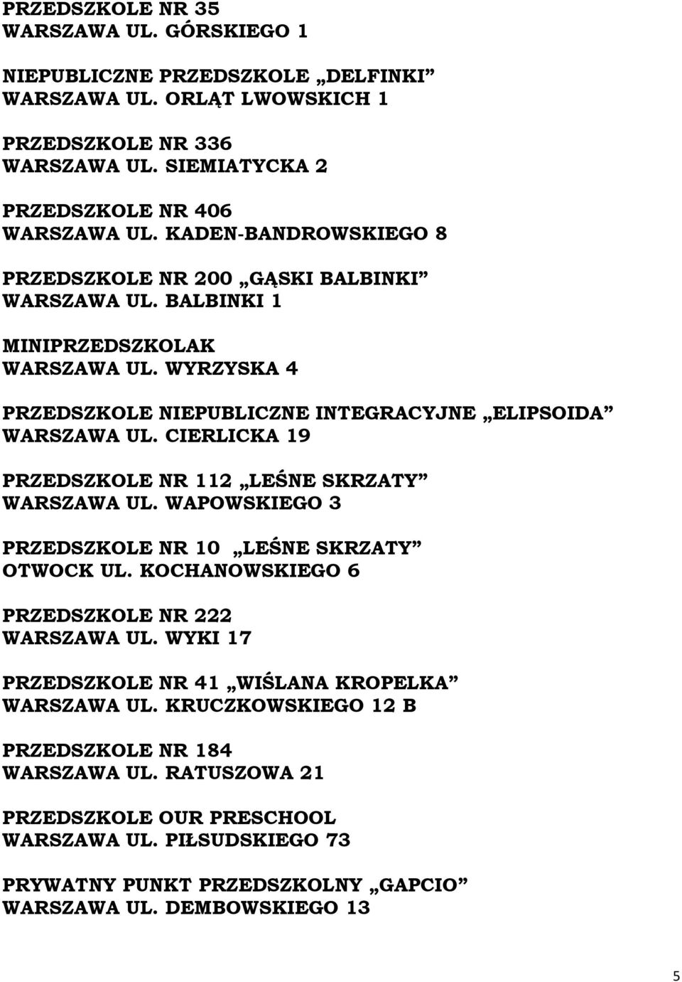 CIERLICKA 19 PRZEDSZKOLE NR 112 LEŚNE SKRZATY WARSZAWA UL. WAPOWSKIEGO 3 PRZEDSZKOLE NR 10 LEŚNE SKRZATY OTWOCK UL. KOCHANOWSKIEGO 6 PRZEDSZKOLE NR 222 WARSZAWA UL.