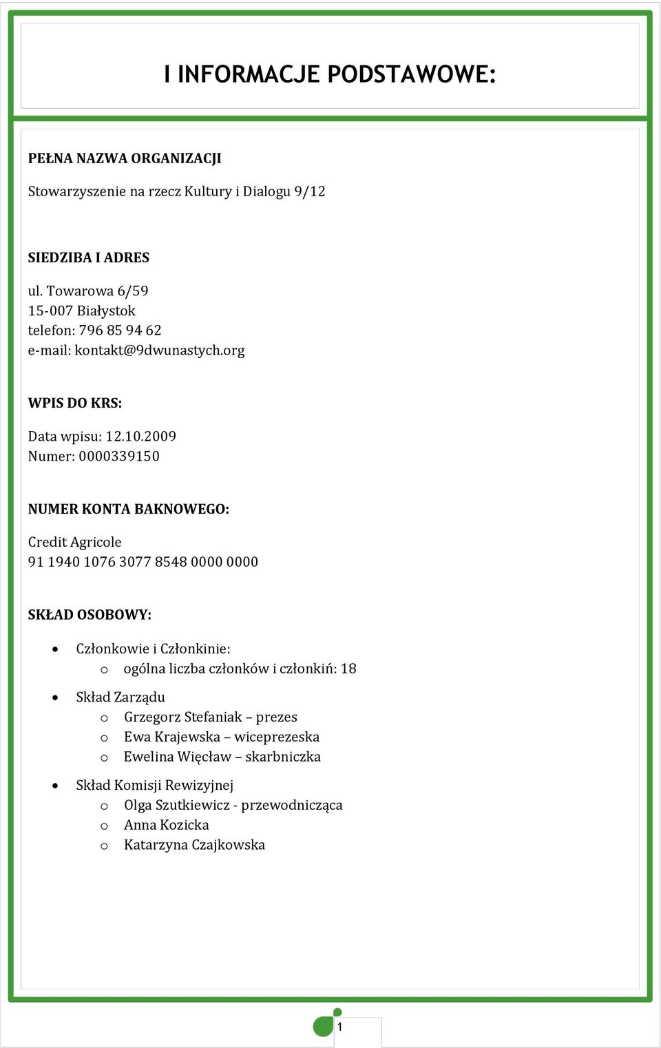 2009 Numer: 0000339150 NUMER KONTA BAKNOWEGO: Credit Agricole 91 1940 1076 3077 8548 0000 0000 SKŁAD OSOBOWY: Członkowie i Członkinie: o ogólna liczba