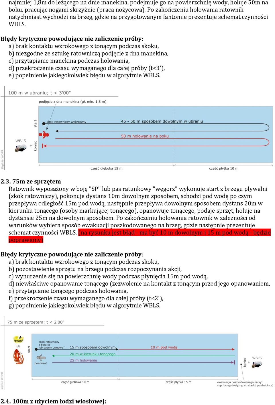 Błędy krytyczne powodujące nie zaliczenie próby: a) brak kontaktu wzrokowego z tonącym podczas skoku, b) niezgodne ze sztukę ratowniczą podjęcie z dna manekina, c) przytapianie manekina podczas