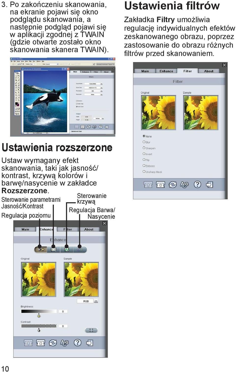 Ustawienia filtrów Zakładka Filtry umożliwia regulację indywidualnych efektów zeskanowanego obrazu, poprzez zastosowanie do obrazu różnych fi ltrów
