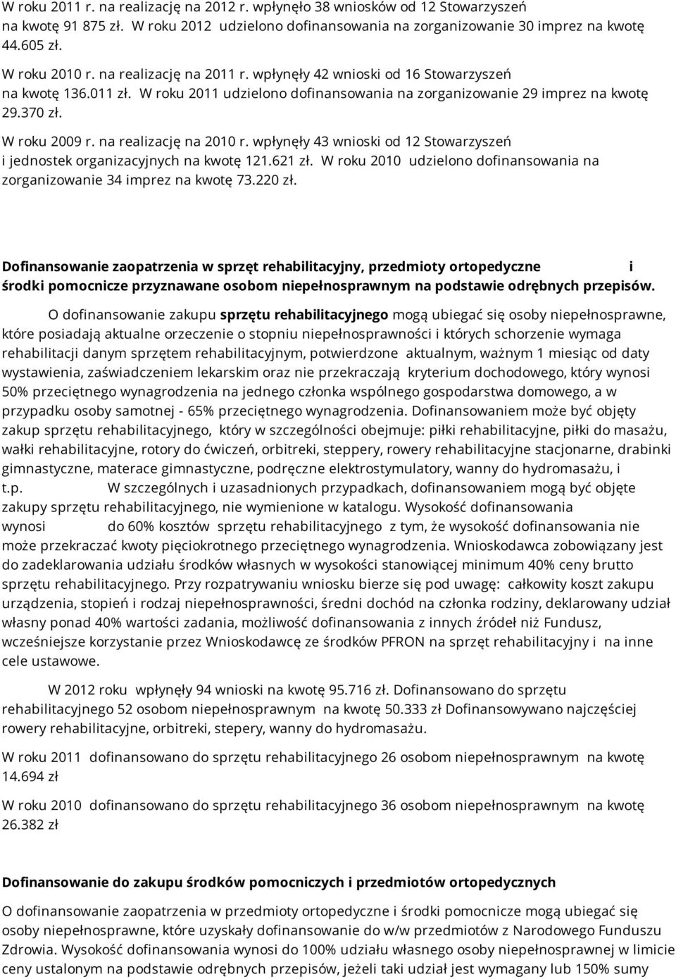 na realizację na 2010 r. wpłynęły 43 wnioski od 12 Stowarzyszeń i jednostek organizacyjnych na kwotę 121.621 zł. W roku 2010 udzielono dofinansowania na zorganizowanie 34 imprez na kwotę 73.220 zł.