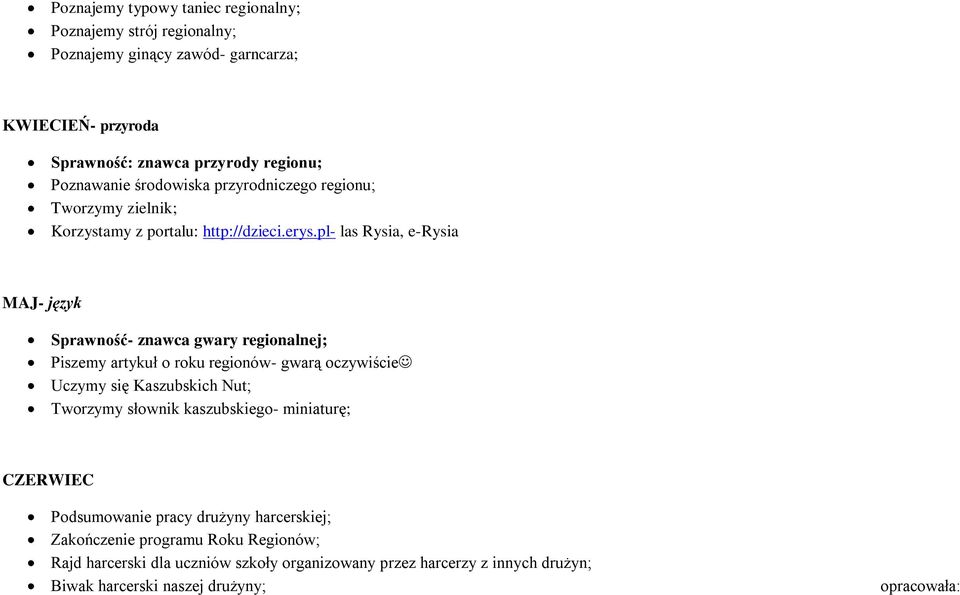 pl- las Rysia, e-rysia MAJ- język Sprawność- znawca gwary regionalnej; Piszemy artykuł o roku regionów- gwarą oczywiście Uczymy się Kaszubskich Nut; Tworzymy