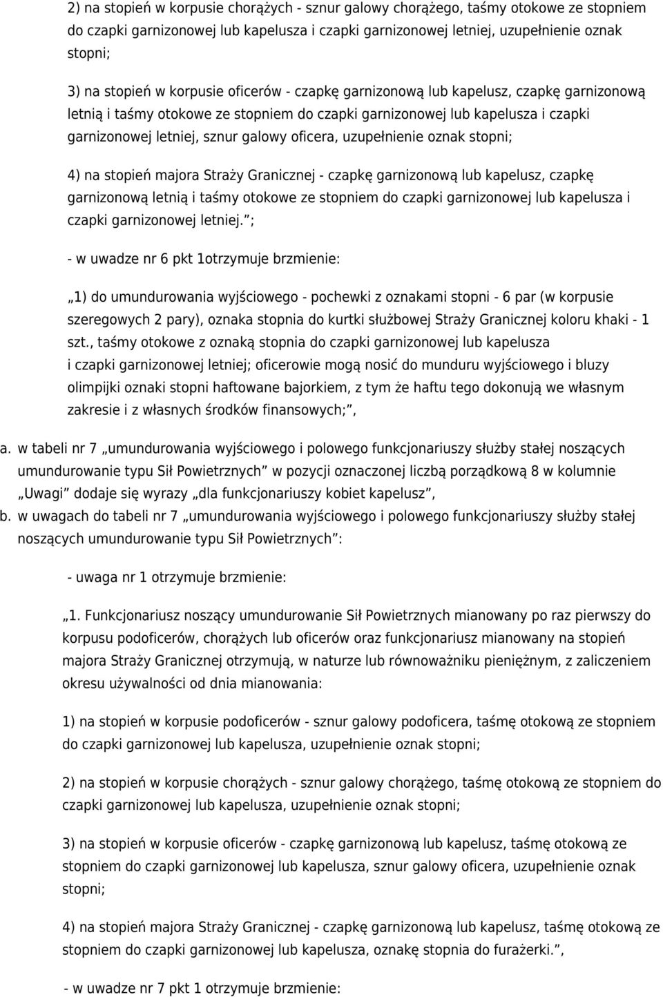 uzupełnienie oznak stopni; 4) na stopień majora Straży Granicznej - czapkę garnizonową lub kapelusz, czapkę garnizonową letnią i taśmy otokowe ze stopniem do czapki garnizonowej lub kapelusza i