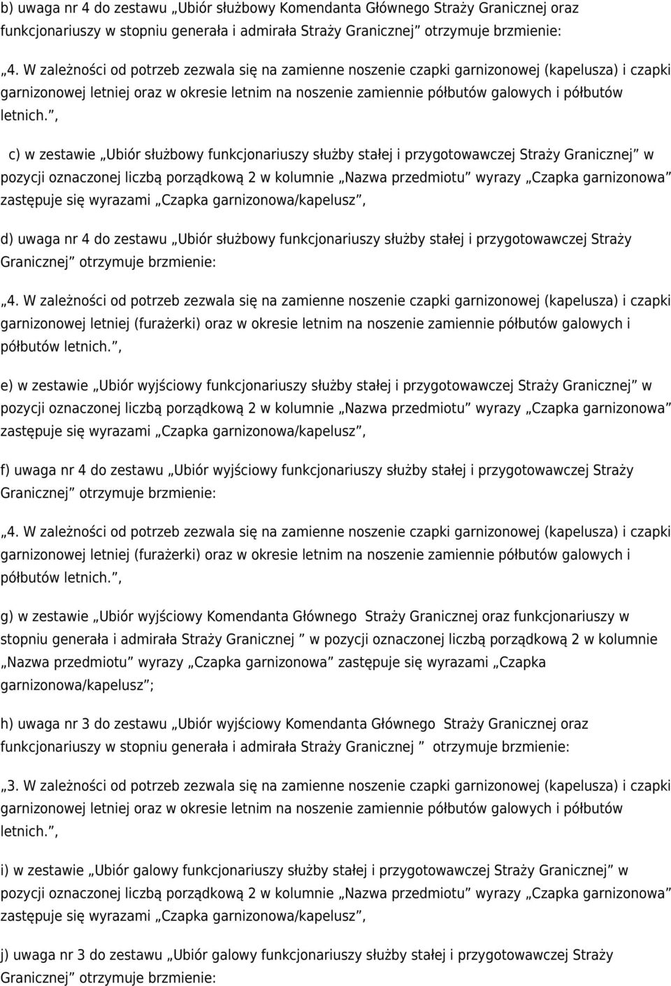 , c) w zestawie Ubiór służbowy funkcjonariuszy służby stałej i przygotowawczej Straży Granicznej w pozycji oznaczonej liczbą porządkową 2 w kolumnie Nazwa przedmiotu wyrazy Czapka garnizonowa