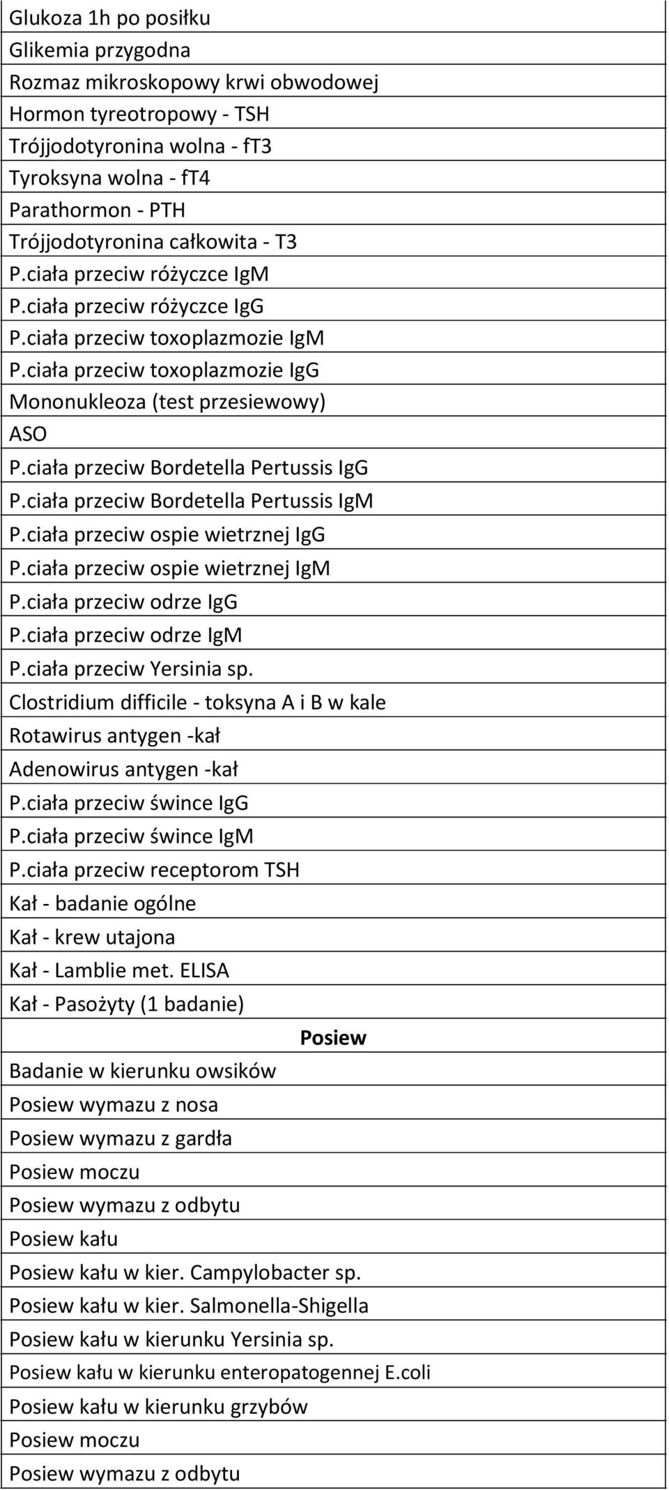 ciała przeciw Bordetella Pertussis IgG P.ciała przeciw Bordetella Pertussis IgM P.ciała przeciw ospie wietrznej IgG P.ciała przeciw ospie wietrznej IgM P.ciała przeciw odrze IgG P.