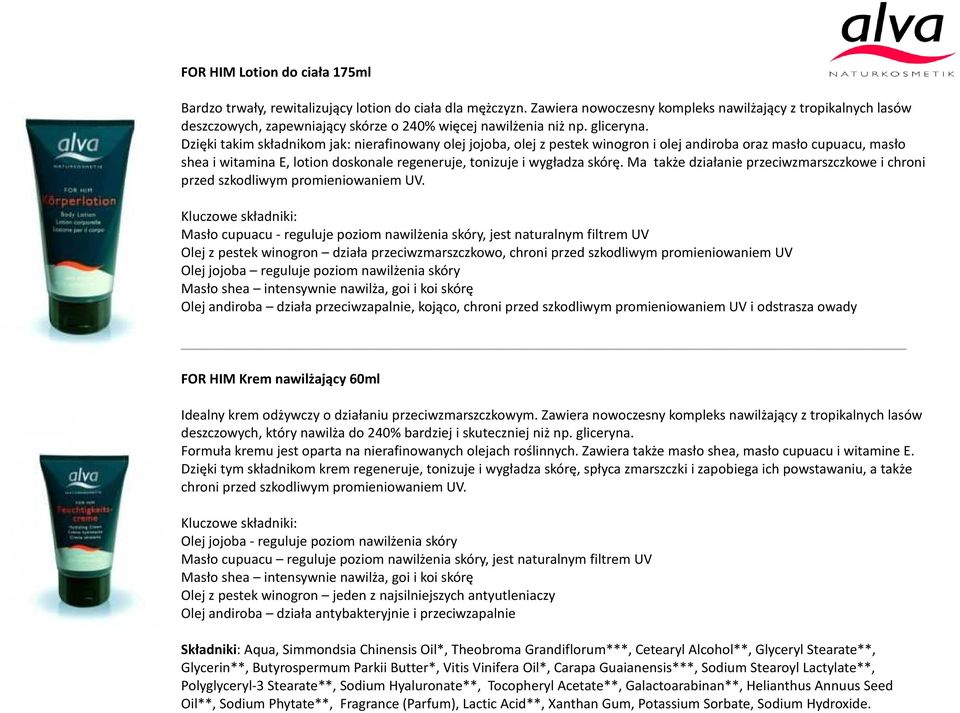 Dzięki takim składnikom jak: nierafinowany olej jojoba, olej z pestek winogron i olej andiroba oraz masło cupuacu, masło shea i witamina E, lotion doskonale regeneruje, tonizuje i wygładza skórę.