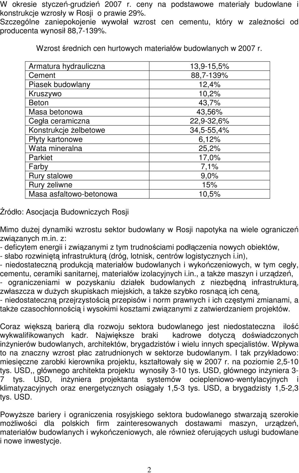Armatura hydrauliczna 13,9-15,5% Cement 88,7-139% Piasek budowlany 12,4% Kruszywo 10,2% Beton 43,7% Masa betonowa 43,56% Cegła ceramiczna 22,9-32,6% Konstrukcje Ŝelbetowe 34,5-55,4% Płyty kartonowe