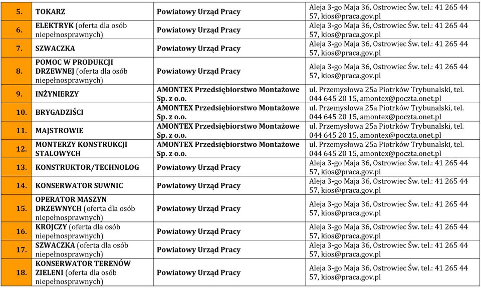 MAJSTROWIE 1 MONTERZY KONSTRUKCJI STALOWYCH 13. KONSTRUKTOR/TECHNOLOG 14.