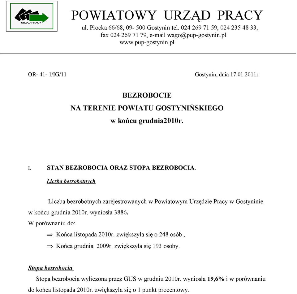 Liczba bezrobotnych Liczba bezrobotnych zarejestrowanych w Powiatowym Urzędzie Pracy w Gostyninie w końcu grudnia 2010r. wyniosła 3886. W porównaniu do: Końca listopada 2010r.