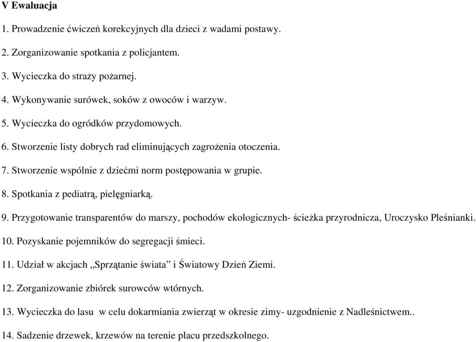Stworzenie wspólnie z dziećmi norm postępowania w grupie. 8. Spotkania z pediatrą, pielęgniarką. 9.