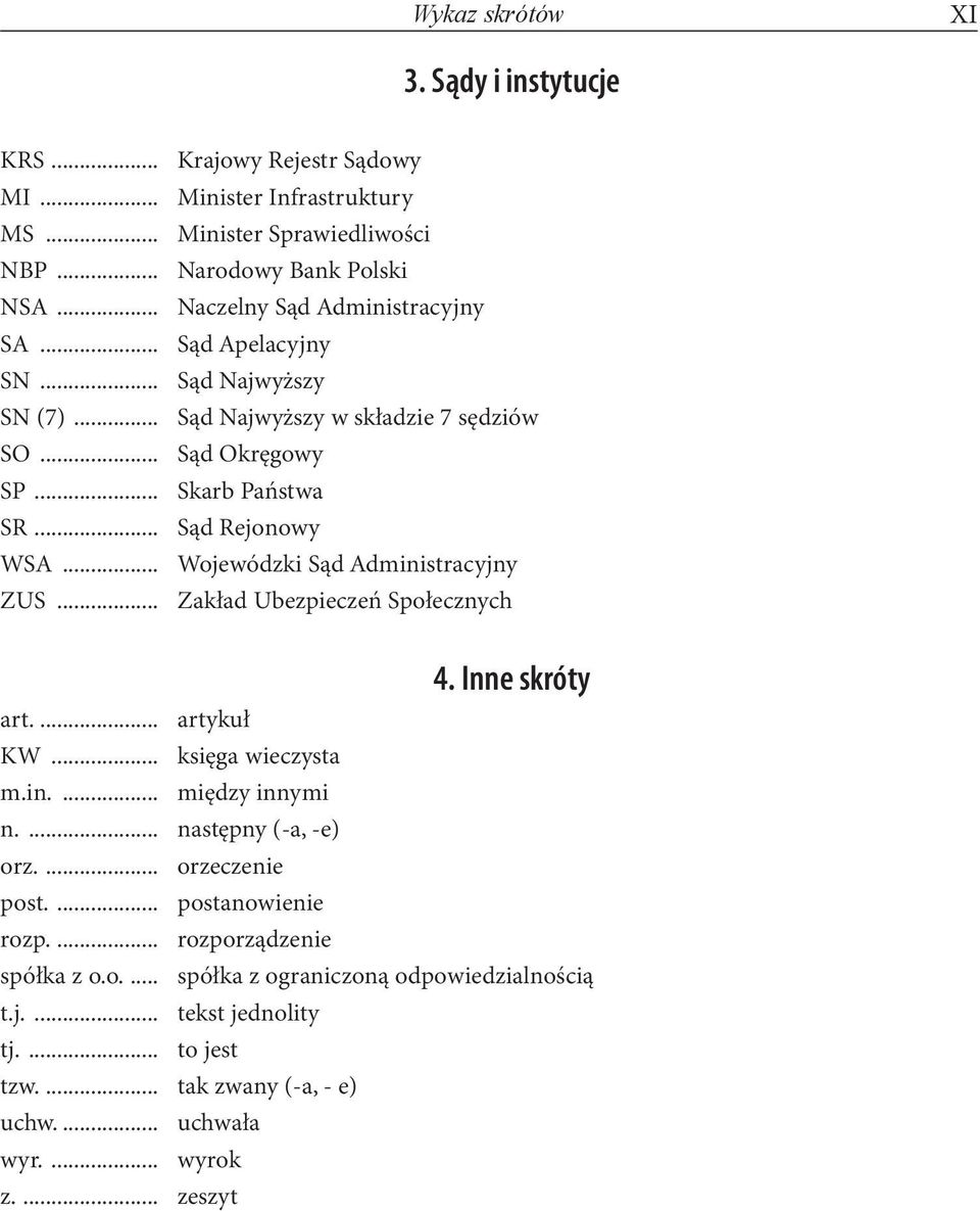 .. Wojewódzki Sąd Administracyjny ZUS... Zakład Ubezpieczeń Społecznych 4. Inne skróty art.... artykuł KW... księga wieczysta m.in.... między innymi n.... następny (-a, -e) orz.