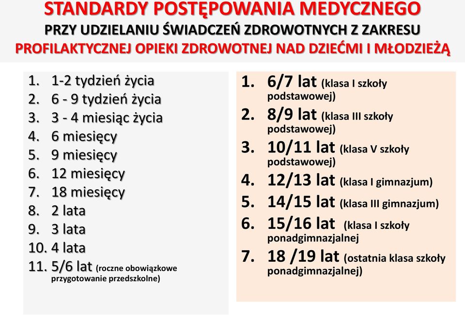 5/6 lat (roczne obowiązkowe przygotowanie przedszkolne) 1. 6/7 lat (klasa I szkoły podstawowej) 2. 8/9 lat (klasa III szkoły podstawowej) 3.