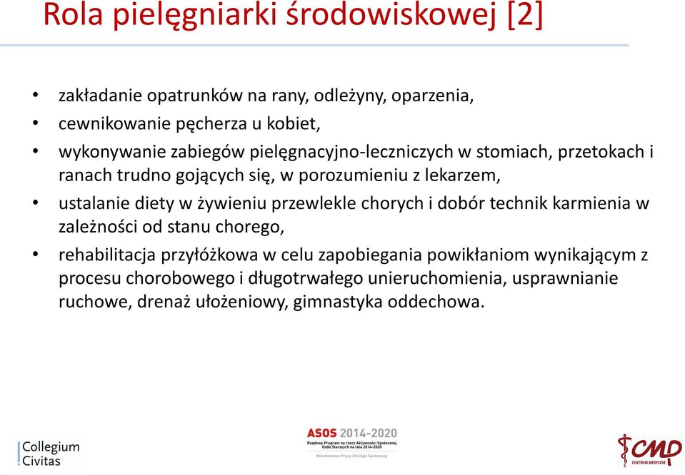 żywieniu przewlekle chorych i dobór technik karmienia w zależności od stanu chorego, rehabilitacja przyłóżkowa w celu zapobiegania