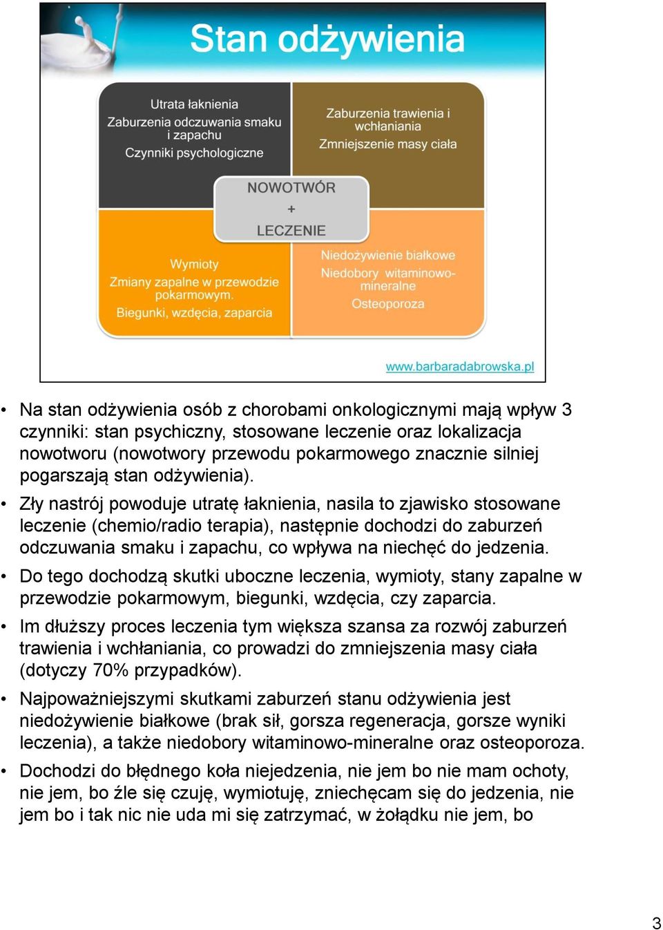 Zły nastrój powoduje utratę łaknienia, nasila to zjawisko stosowane leczenie (chemio/radio terapia), następnie dochodzi do zaburzeń odczuwania smaku i zapachu, co wpływa na niechęć do jedzenia.