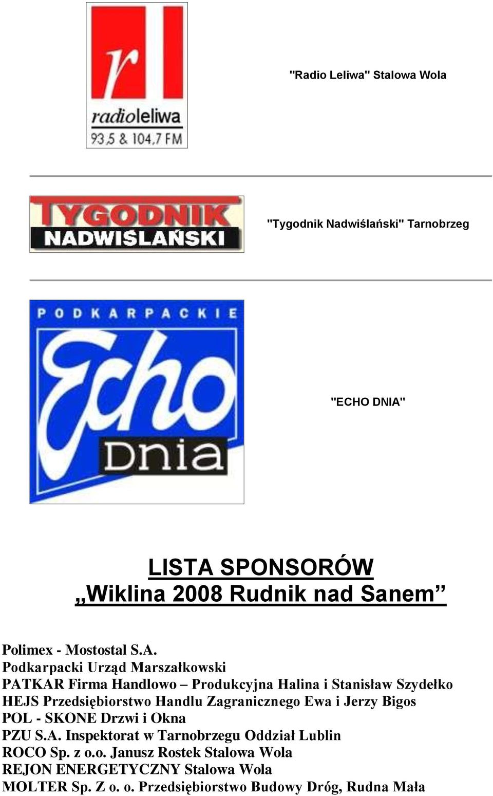 Podkarpacki Urząd Marszałkowski PATKAR Firma Handlowo Produkcyjna Halina i Stanisław Szydełko HEJS Przedsiębiorstwo Handlu