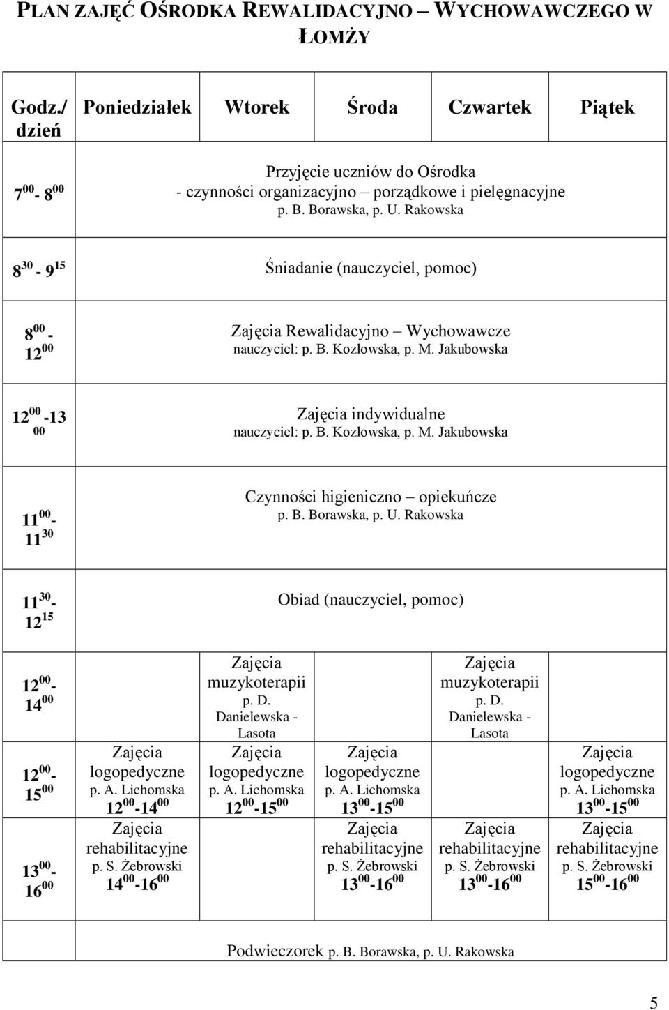 Rakowska 8 30-9 15 Śniadanie (nauczyciel, pomoc) 8 00 - Rewalidacyjno Wychowawcze 12 00 nauczyciel: p. B. Kozłowska, p. M. Jakubowska 12 00-13 00 indywidualne nauczyciel: p. B. Kozłowska, p. M. Jakubowska 11 00-11 30 Czynności higieniczno opiekuńcze p.