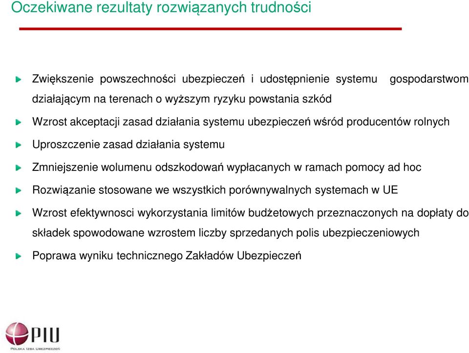 wolumenu odszkodowań wypłacanych w ramach pomocy ad hoc Rozwiązanie stosowane we wszystkich porównywalnych systemach w UE Wzrost efektywnosci wykorzystania