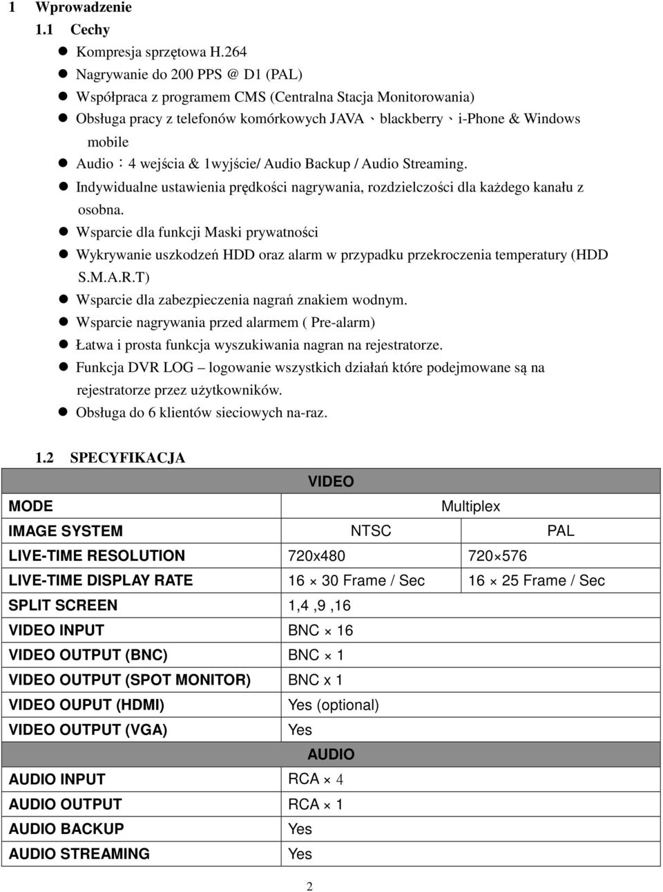 1wyjście/ Audio Backup / Audio Streaming. Indywidualne ustawienia prędkości nagrywania, rozdzielczości dla każdego kanału z osobna.