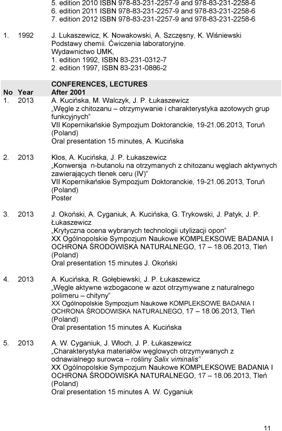 edition 1997, ISBN 83-231-0886-2 CONFERENCES, LECTURES No Year After 2001 1. 2013 A. Kucińska, M. Walczyk, J. P.