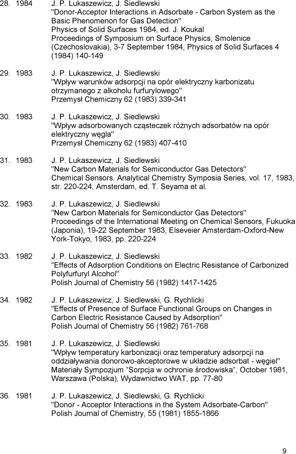 1983 J. P. Lukaszewicz, J. Siedlewski "New Carbon Materials for Semiconductor Gas Detectors" Chemical Sensors. Analytical Chemistry Symposia Series, vol. 17, 1983, str. 220-224, Amsterdam, ed. T.