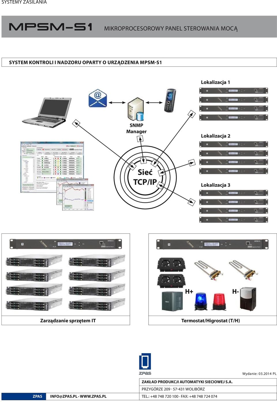 TCP/IP Sieć TCP/IP TCP/IP Lokalizacja 3 Lokalizacja 3 Lokalizacja 3 3 H+ H- Zarządzanie sprzętem IT Termostat/Higrostat (T/H) H+ H+ H+ H- H- H- Zarządzanie sprzętem sprzętem IT IT IT Zarządzanie