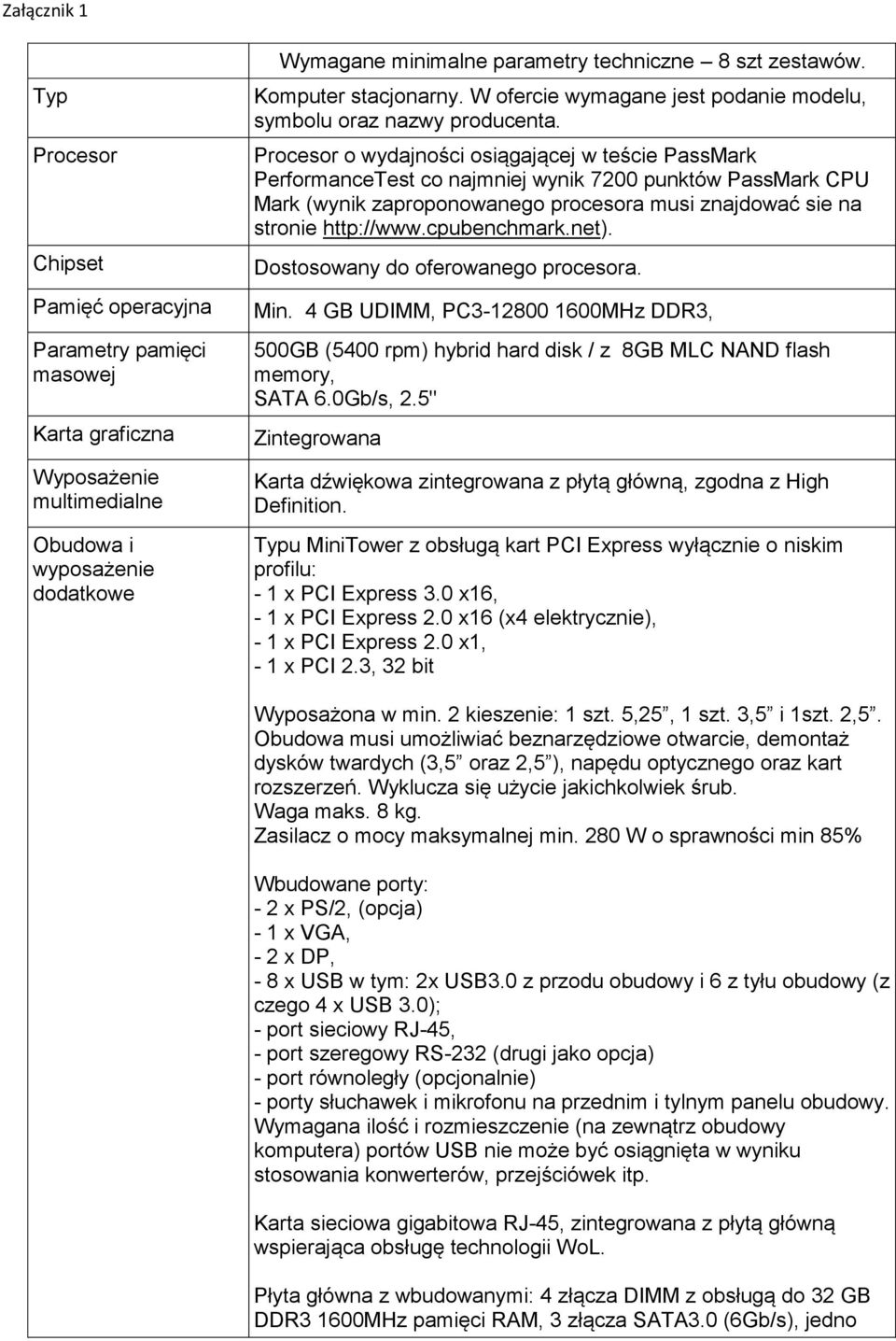 Procesor o wydajności osiągającej w teście PassMark PerformanceTest co najmniej wynik 7200 punktów PassMark CPU Mark (wynik zaproponowanego procesora musi znajdować sie na stronie http://www.